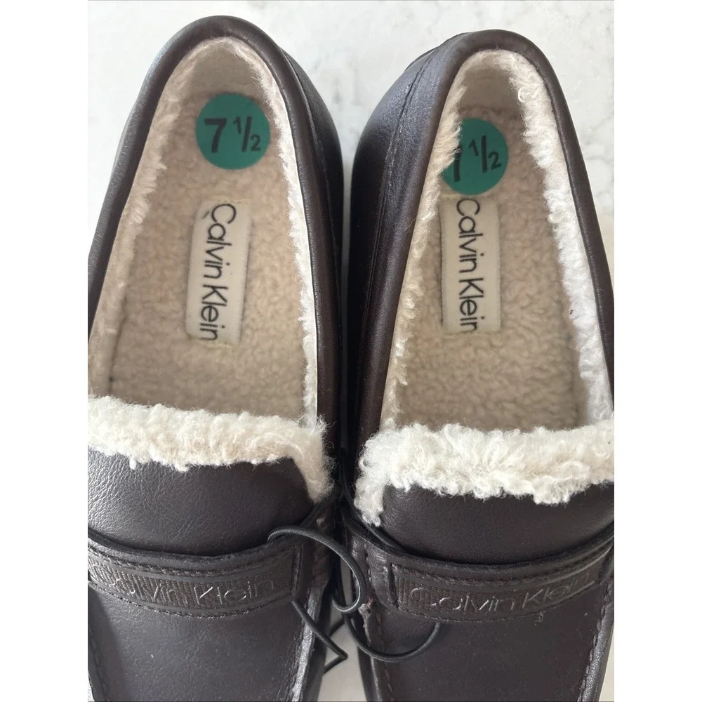 Calvin‎ Klein Mens Brown Faux Leather Sherpa Lined Slip-On Moccasin Slippers 7.5